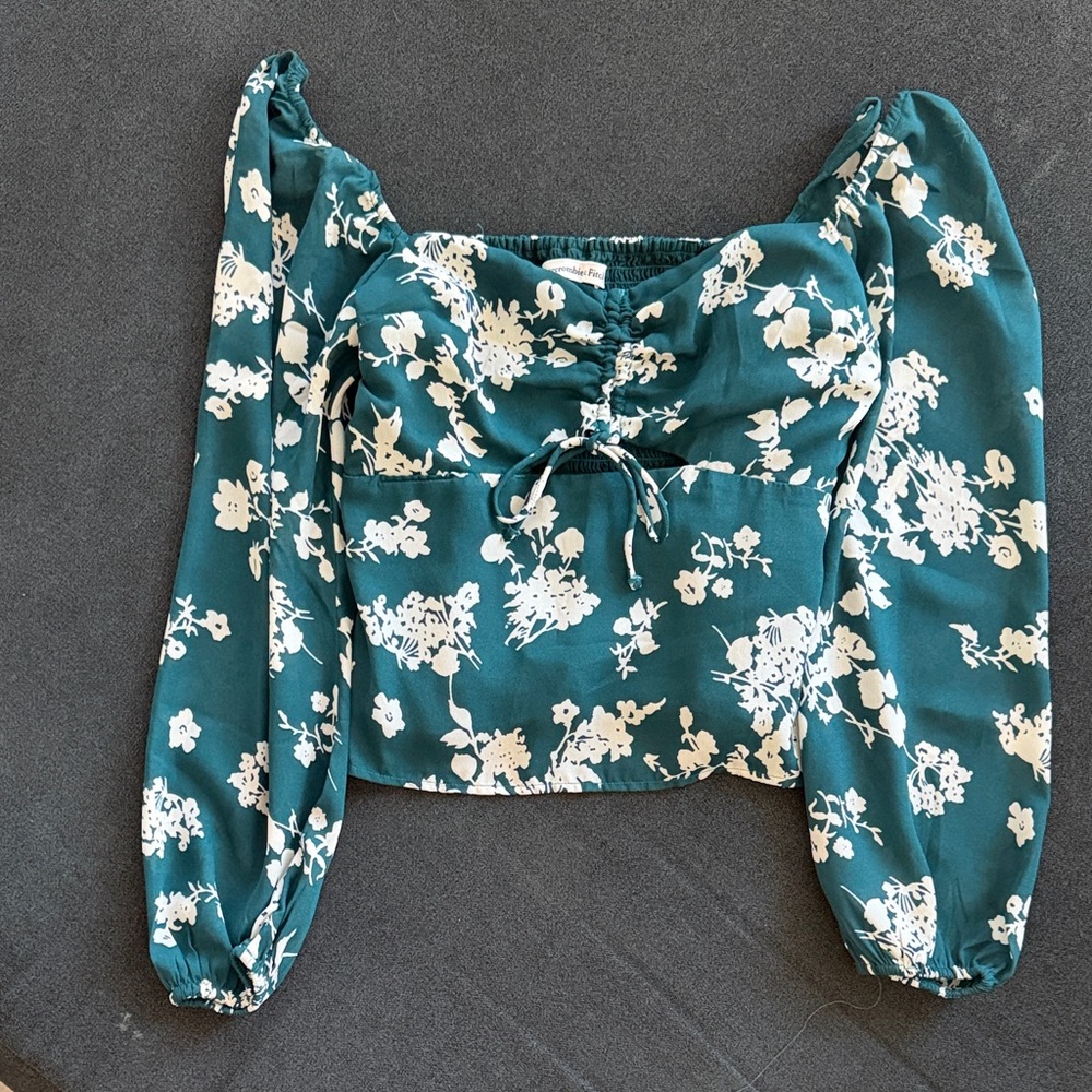 Abercrombie & Fitch Teal Floral Ruched Sweetheart Crop Top